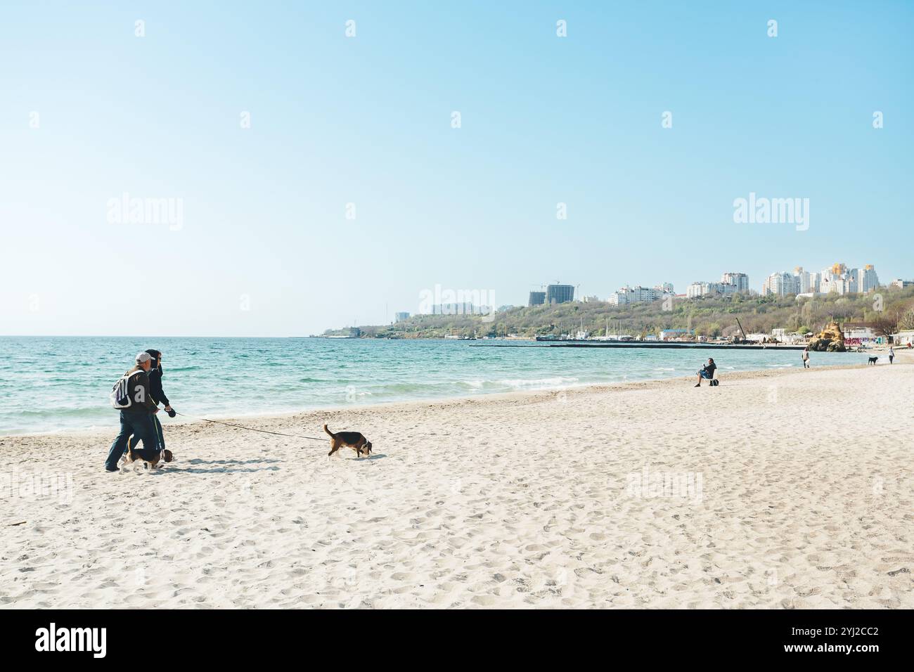 27 avril 2019, Odessa, Ukraine : vue latérale d'un couple d'adultes sur la plage avec un chien. Homme âgé et femme sur une promenade près de la mer avec un animal de compagnie pour jouer Banque D'Images