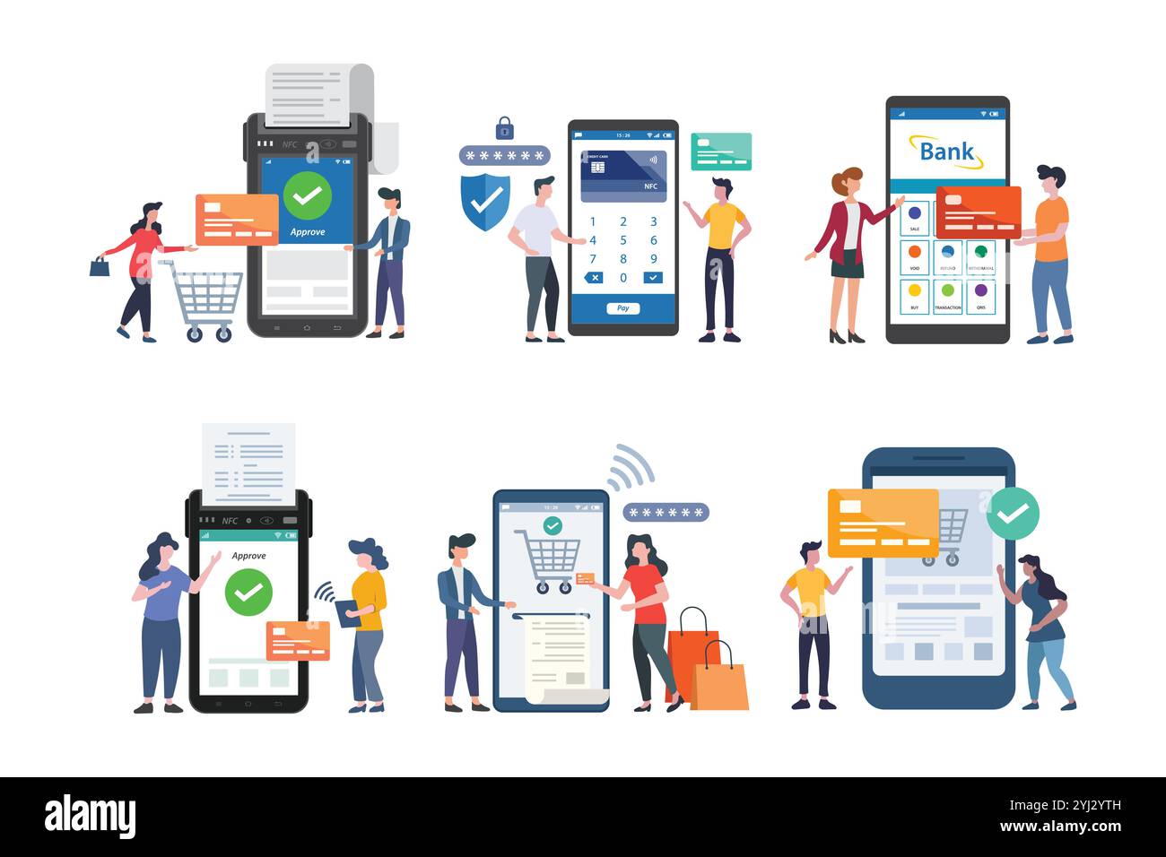 Une illustration présentant diverses méthodes et transactions de paiement mobile, y compris les paiements sans contact, les achats en ligne et la banque sécurisée Illustration de Vecteur