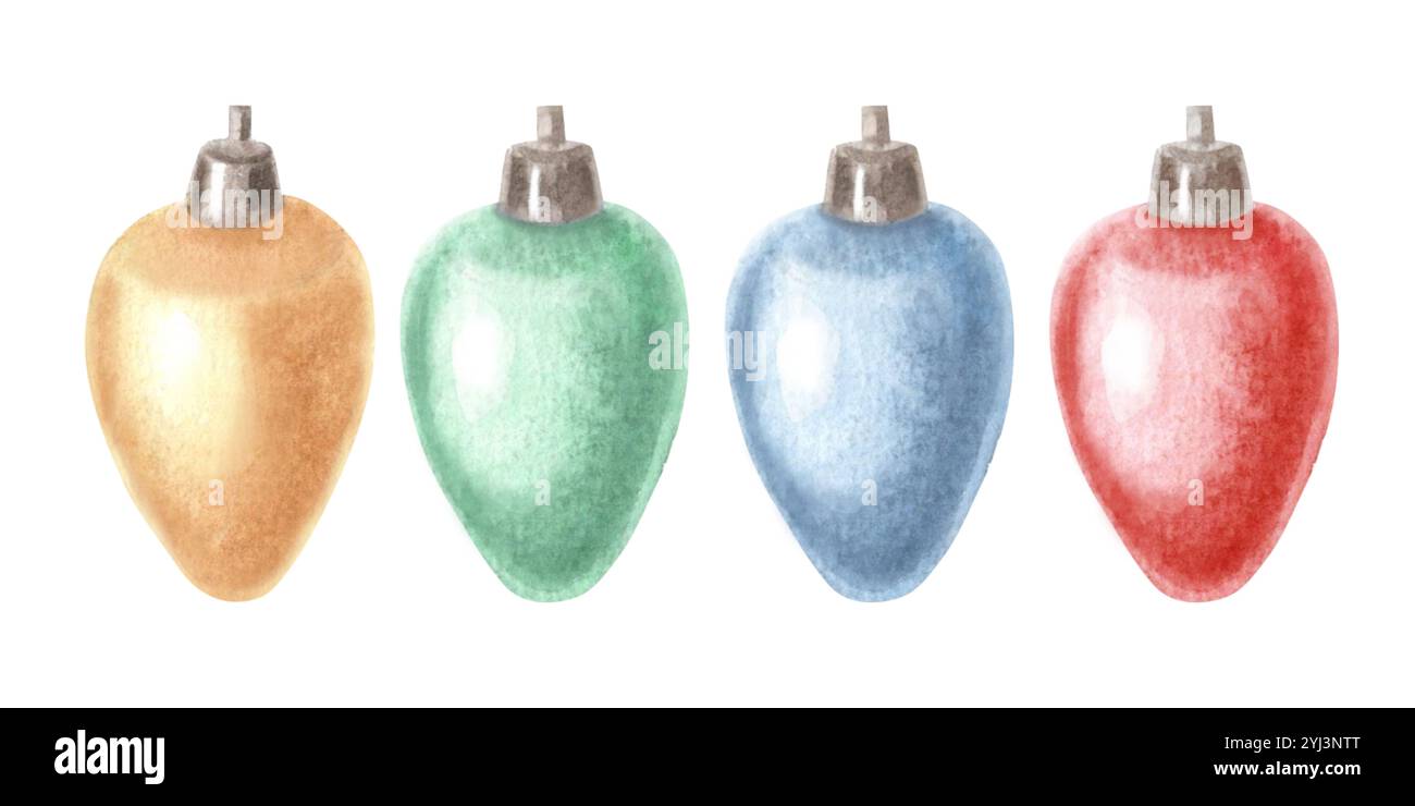 Lumières de Noël, lampes pour guirlande. Illustration d'aquarelle dessinée à la main isolée. Ampoules multicolores incandescentes pour accrocher sur un fil. Hiver Banque D'Images