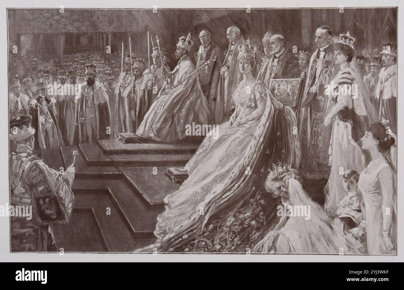 Couronnement du roi George V. après le couronnement. - Les souverains sur leur trône, avec tous les insignes de la royauté. Londres. 1911 après que la reine a été couronnée, elle est à son tour conduite sur le trône placé à gauche du roi, et deux pas en dessous. Pendant un instant, les deux royaux, couronnes sur la tête et sceptres dans les mains, se regardent dans le cadre merveilleux de la superbe basilique et du magnifique public. Alors ils enlevèrent tous les deux leurs manteaux et leurs couronnes, et remettèrent leurs sceptres en chemin vers la table de la Sainte communion. Banque D'Images