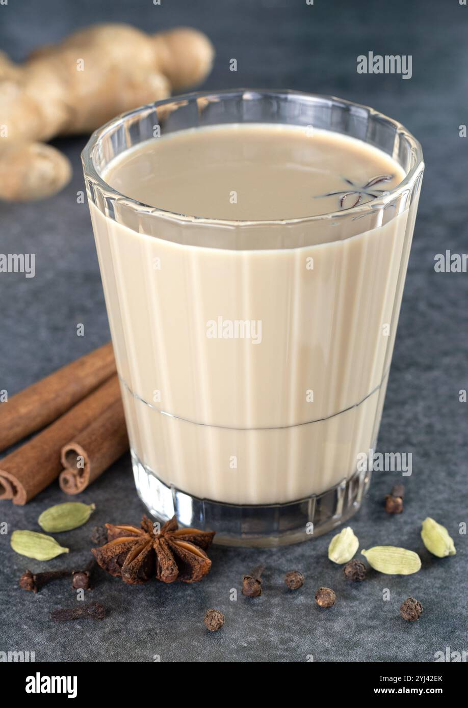 Un verre de thé indien masala avec des épices - cannelle, anis étoilé, clous de girofle, cardamome sur un fond gris. Banque D'Images