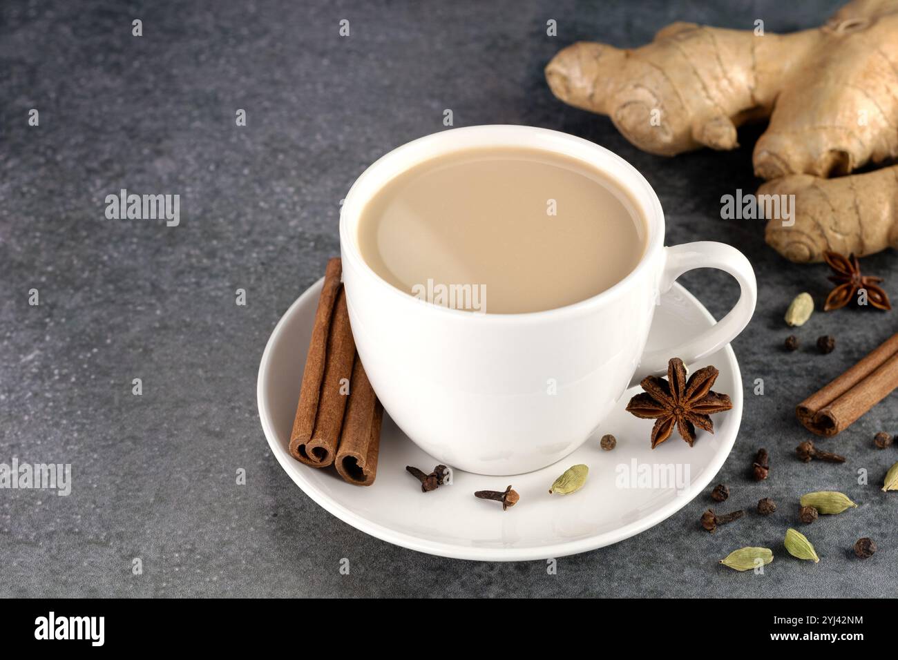 Thé indien masala dans une tasse blanche avec des épices - cannelle, anis étoilé, gingembre, clous de girofle, cardamome sur fond gris. Banque D'Images