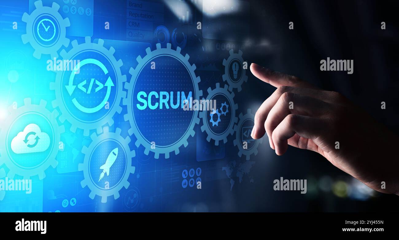 SCRUM, méthodologie de développement Agile, concept de technologie de programmation et de conception d'applications sur écran virtuel. Banque D'Images