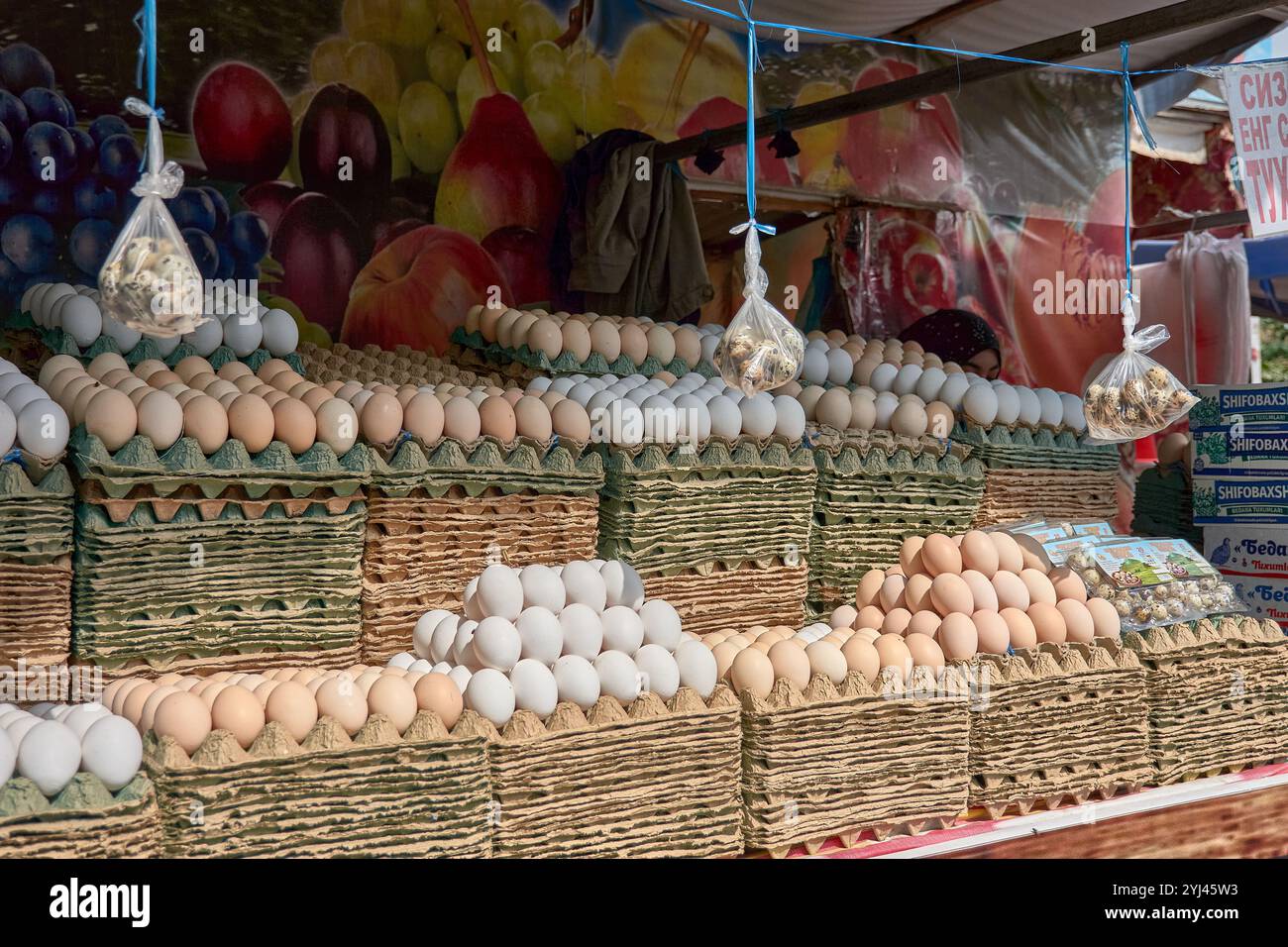 TACHKENT, OUZBÉKISTAN - 16 SEPTEMBRE 2024 : les œufs sont soigneusement exposés en grandes quantités au bazar de Chorsu, le célèbre marché agricole de Tachkent. Banque D'Images