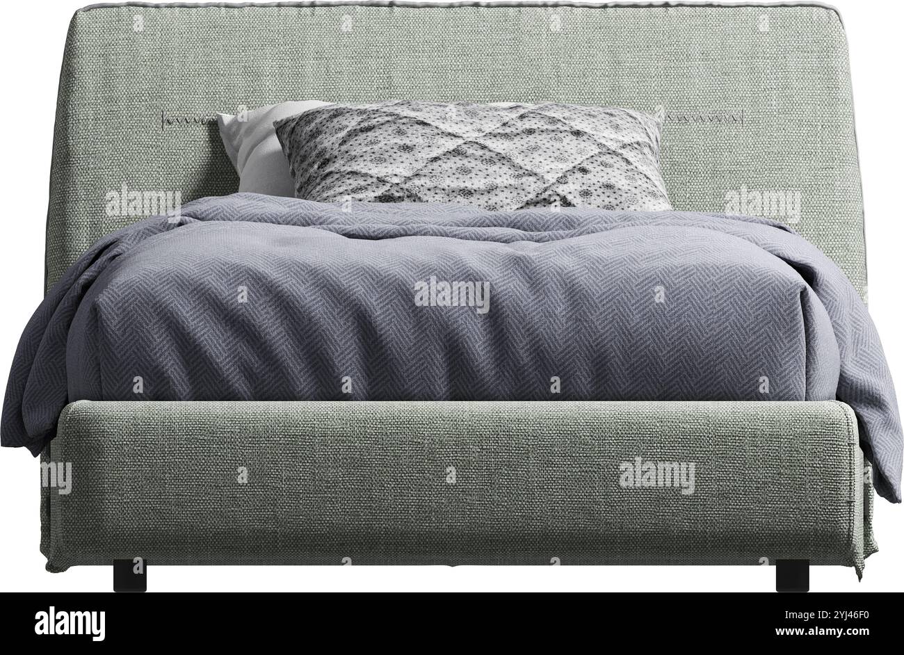 Vue de face du lit double avec tête de lit et couverture Banque D'Images