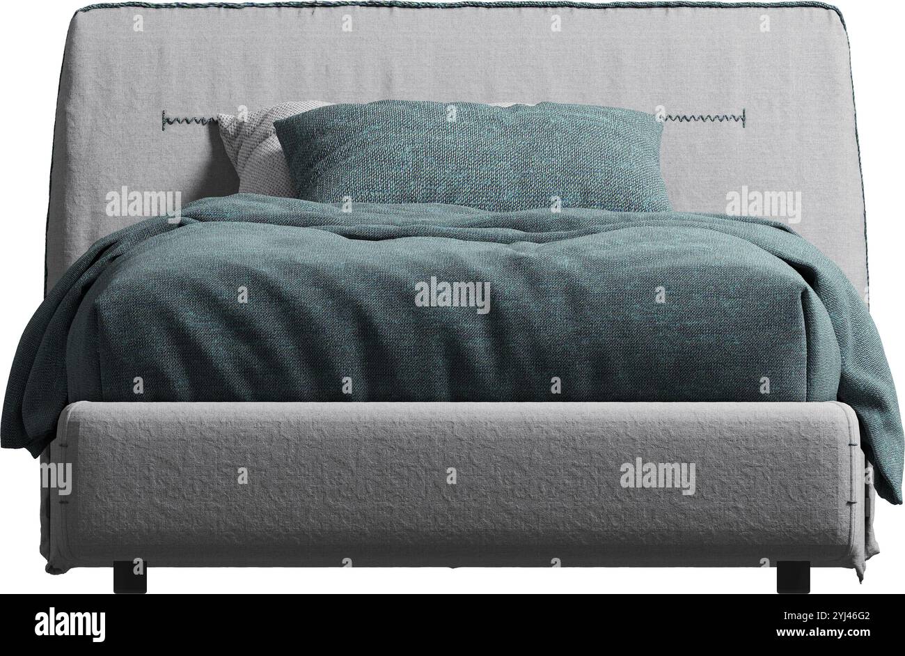 Vue de face du lit double avec tête de lit et couverture Banque D'Images