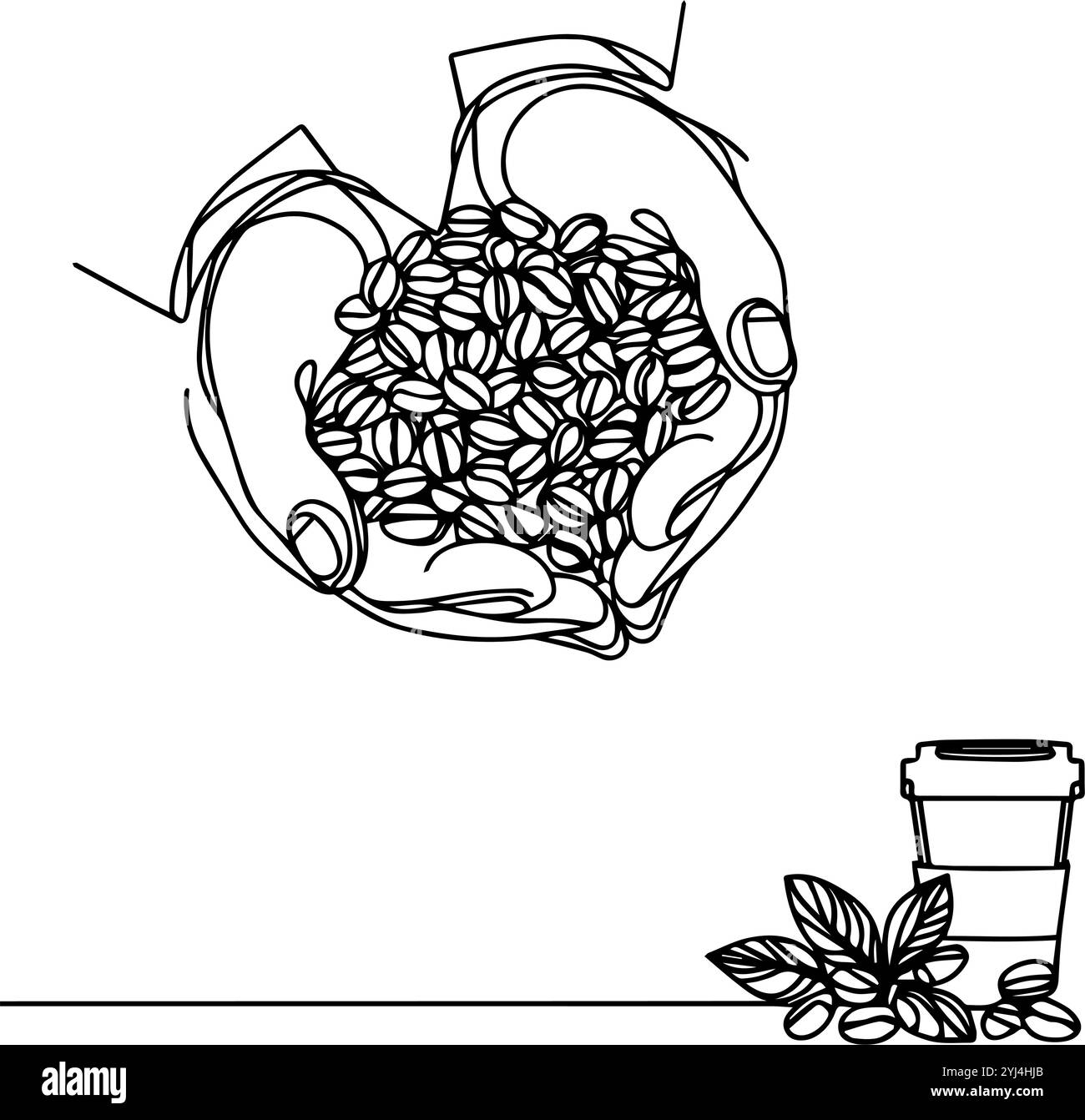 Mains tenant des grains de café. Croquis de café minimaliste : du haricot à la tasse Illustration de Vecteur