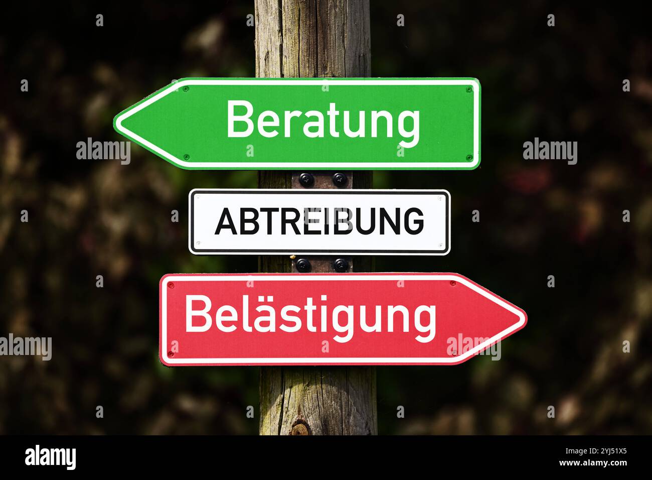 FOTOMONTAGE, Wegweiser mit Aufschrift Abtreibung, Beratung und Belästigung, Symbolfoto Verbot von Gehsteigbelästigung *** PHOTOMONTAGE, panneau avec inscription avortement, conseil et harcèlement, photo symbolique interdiction du harcèlement sur les trottoirs Banque D'Images