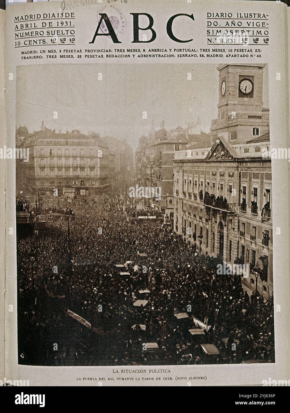 PERIODICO ABC MADRID - PROCLAMACION DE LA SEGUNDA REPUBLICA EL 15/4/1931 FR LA PUERTA DEL SOL. Auteur : Alfonso. Lieu : HEMEROTECA MUNICIPAL. MADRID. Banque D'Images