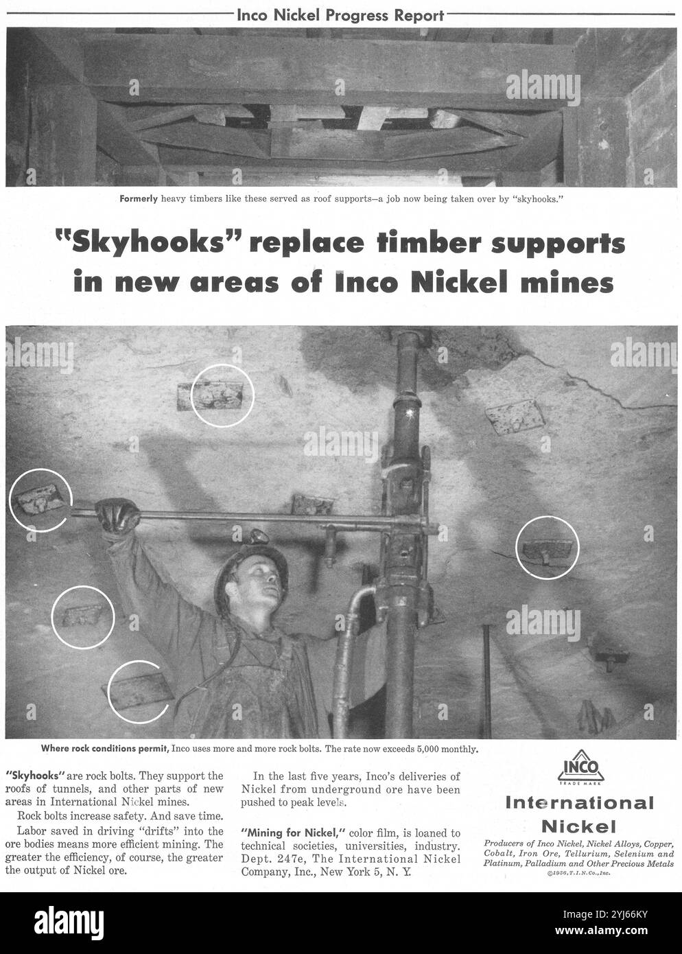 1956 International nickel Company ad - Inco nickel Skyhooks remplacer les supports en bois Banque D'Images