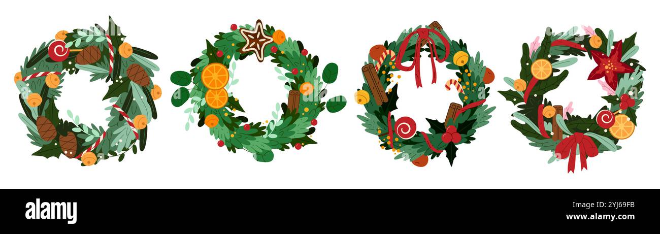 Ensemble de couronne de Noël. Cadres ou icônes ronds vectoriels. Décoration intérieure pour les vacances d'hiver, décorations festives. Ornements de Noël. Illustration de Vecteur