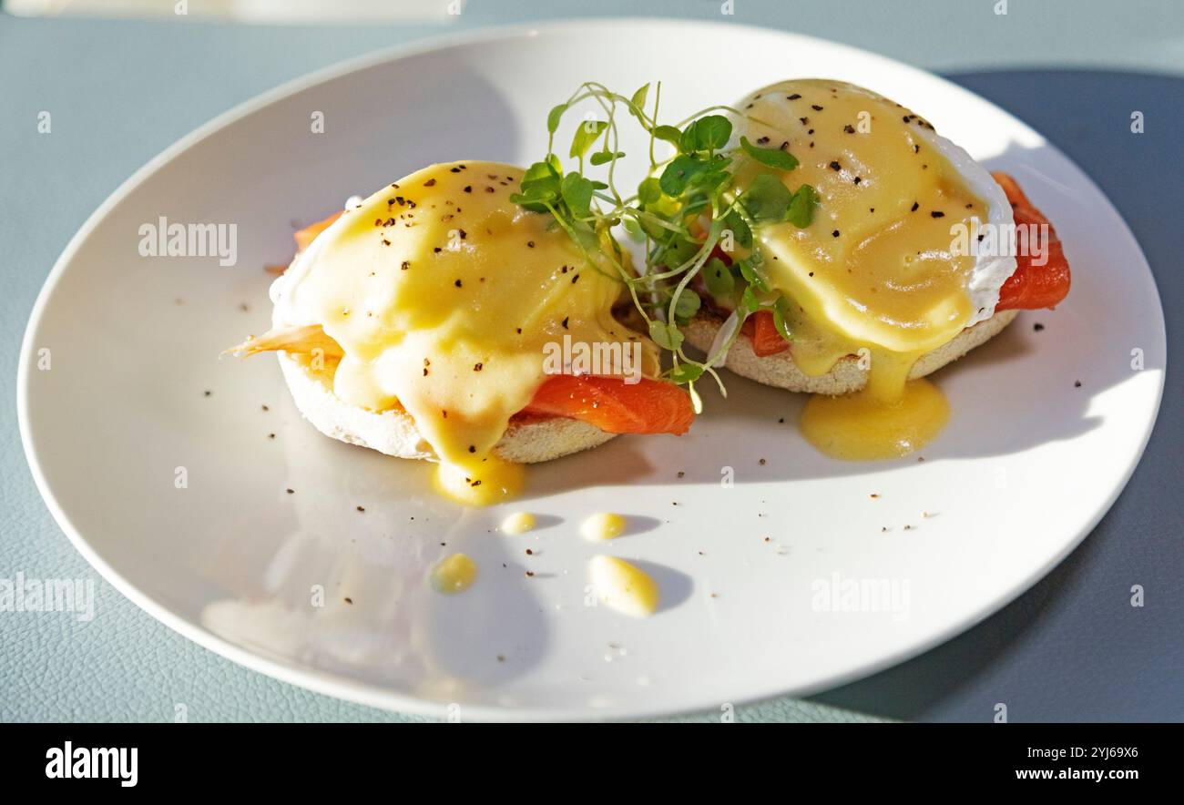 Oeufs Royale servis avec des pousses de pois. Le plat est une variation sur les œufs Benedict, le saumon remplaçant le jambon. Banque D'Images