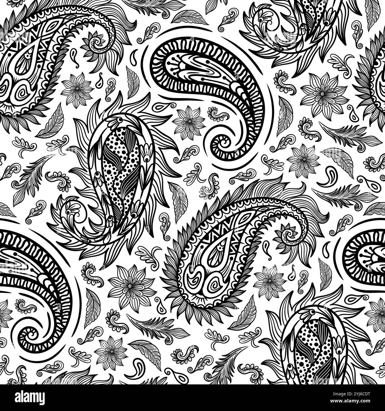 Motif cachemire monochrome dessiné à la main. Conception d'impression ornementale sans couture pour soie, écharpe, papier d'emballage, tissu, Scrapbook, tuiles Banque D'Images Motif cachemire monochrome dessiné à la main. Conception d'impression ornementale sans couture pour soie, écharpe, papier d'emballage, tissu, Scrapbook, tuiles Banque D'Images
