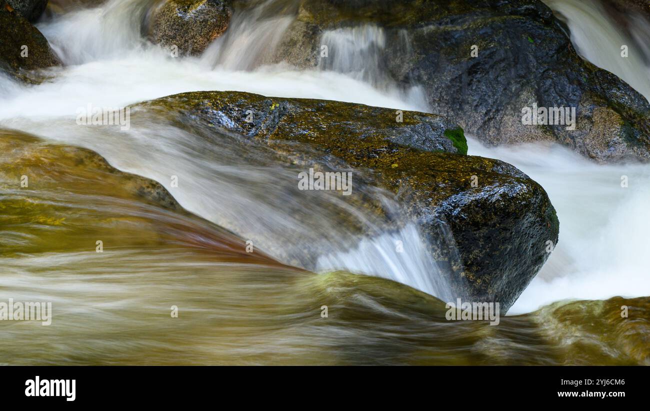 L'eau fraîche d'un ruisseau de montagne coule sur la roche accidentée de la rivière aux couleurs chaudes Banque D'Images