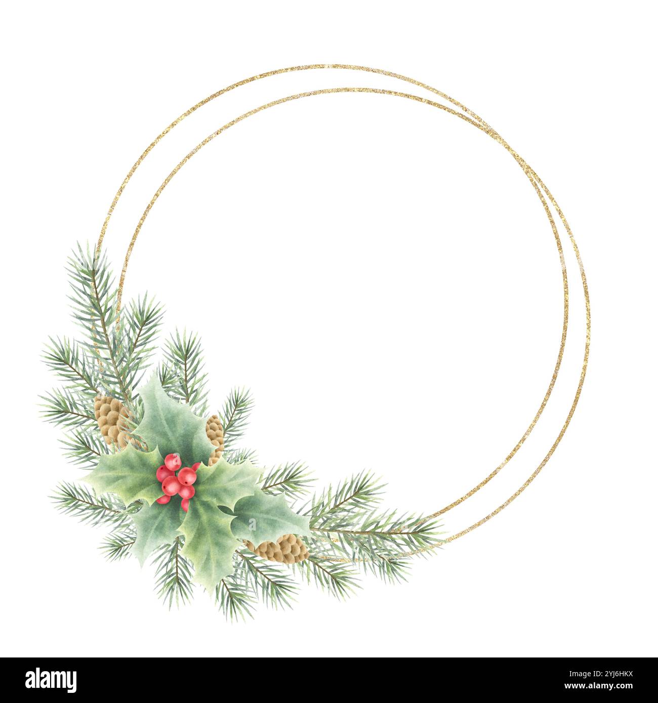 Branches de sapin de Noël, cônes et baies de houx et feuilles couronne ronde avec double cadre doré. Illustration isolée à l'aquarelle dessinée à la main pour les modèles et les dessins de cartes de voeux du nouvel an. Banque D'Images