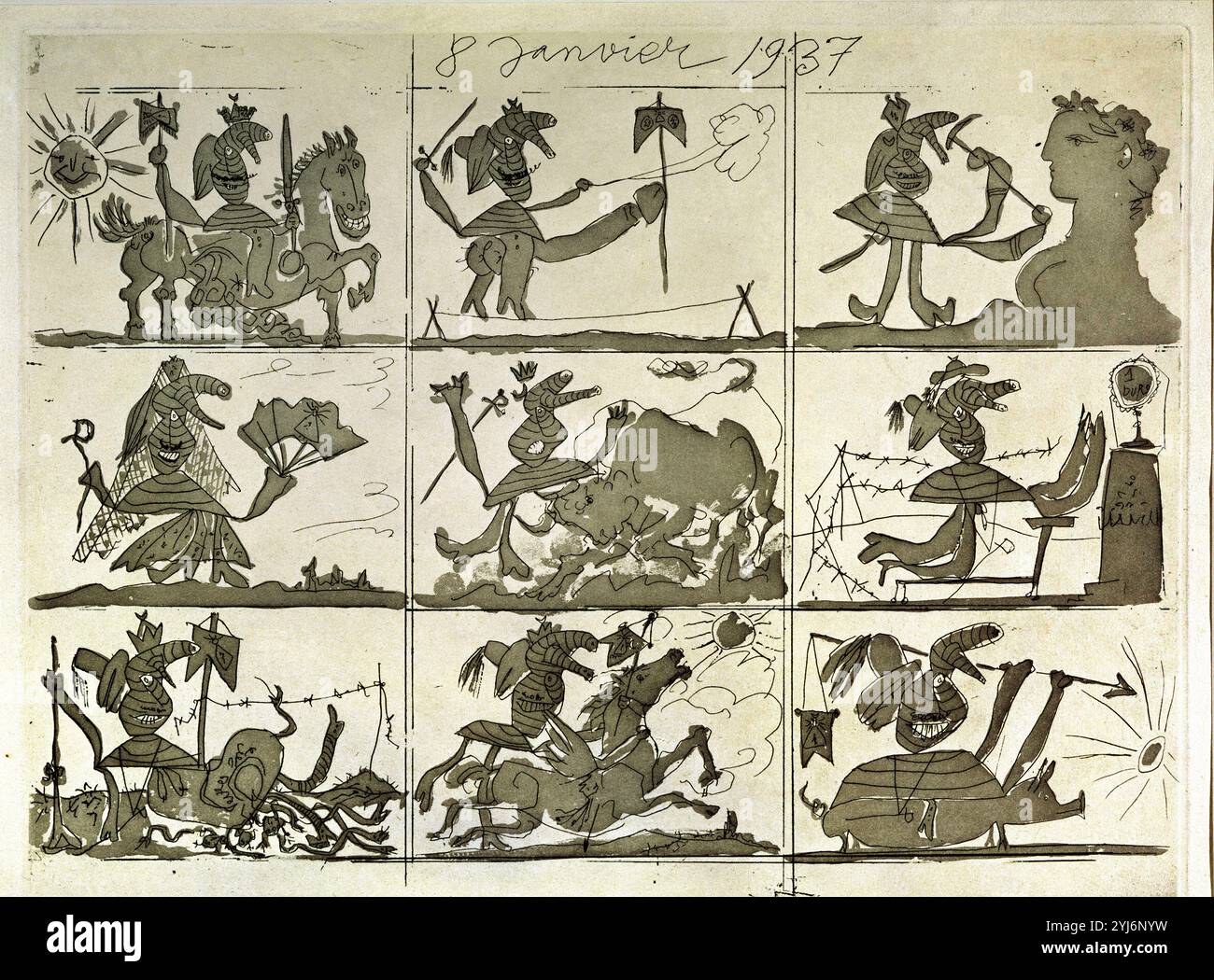 'Le rêve et le mensonge de Franco I', 1937 (8 janvier), gravure et aquatinte de sucre sur papier, 31 x 42 cm, DE00109. Auteur : PABLO PICASSO. LIEU : MUSEO REINA SOFIA-PINTURA. MADRID. Banque D'Images