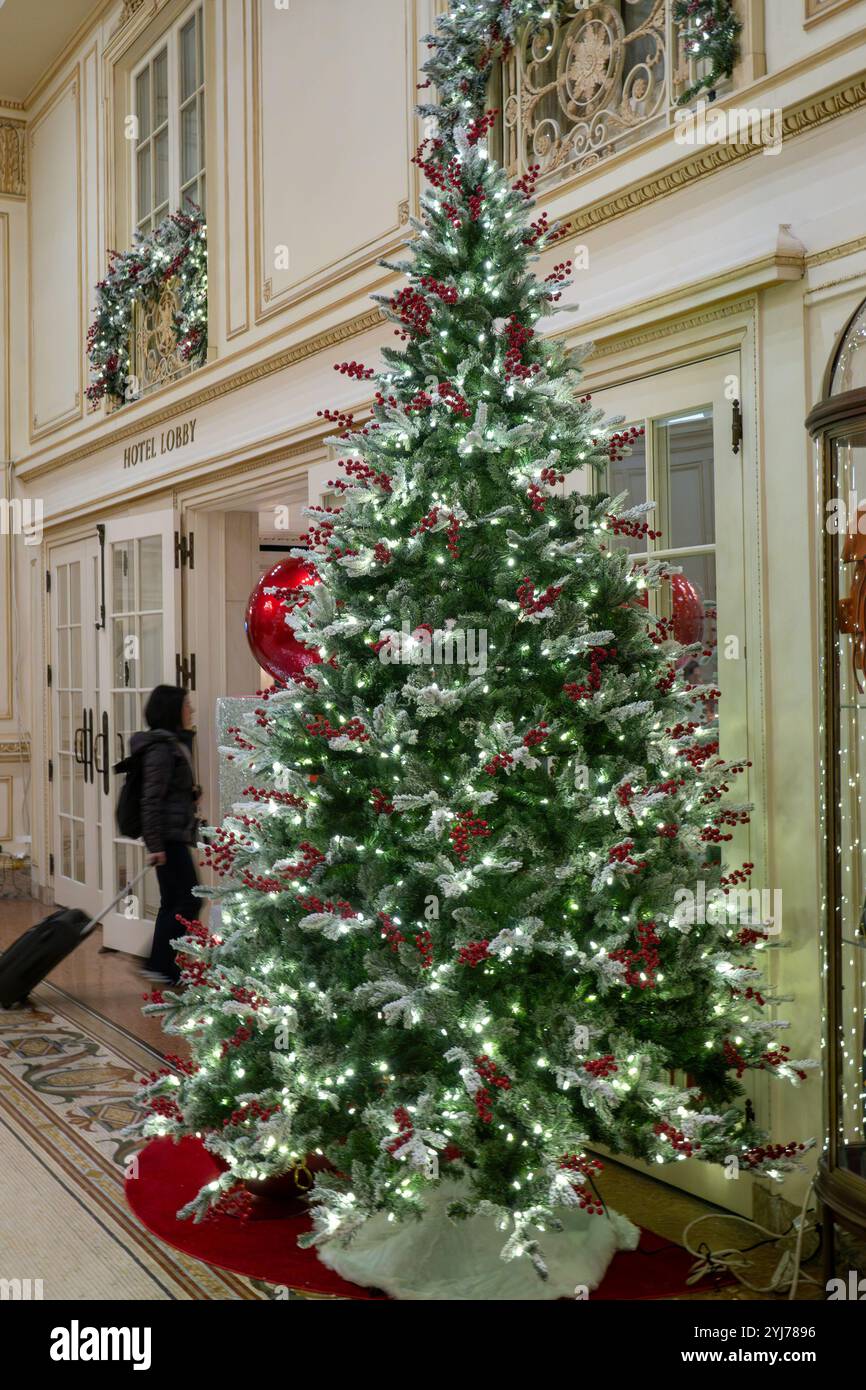 L'Hôtel Plaza est un monument emblématique décoré pour les vacances, 2024, New York City, États-Unis Banque D'Images