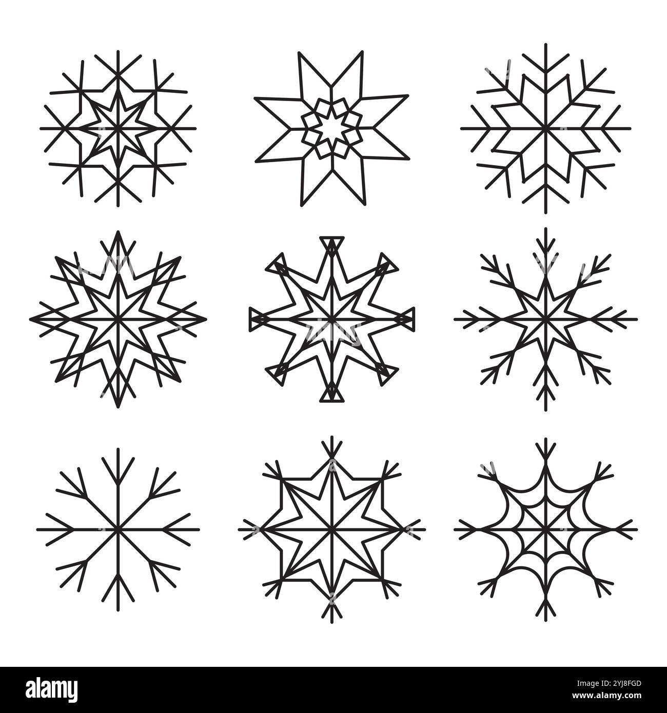 Icônes décoratives de flocon de neige. Motifs géométriques hivernaux. Symboles saisonniers uniques. Illustration vectorielle. Illustration de Vecteur