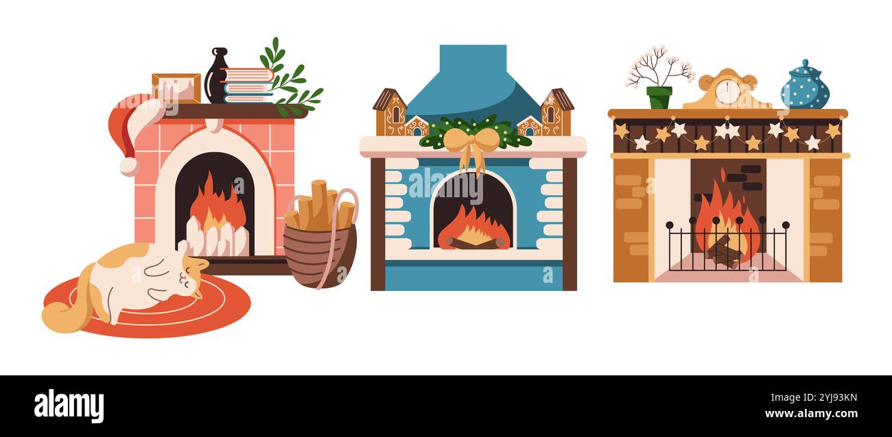 Cheminées brûlantes avec décorations de Noël objets vectoriels de couleur plate ensemble. Chat mignon sur tapis apprécie la chaleur de la maison illustrations paquet sur blanc Illustration de Vecteur