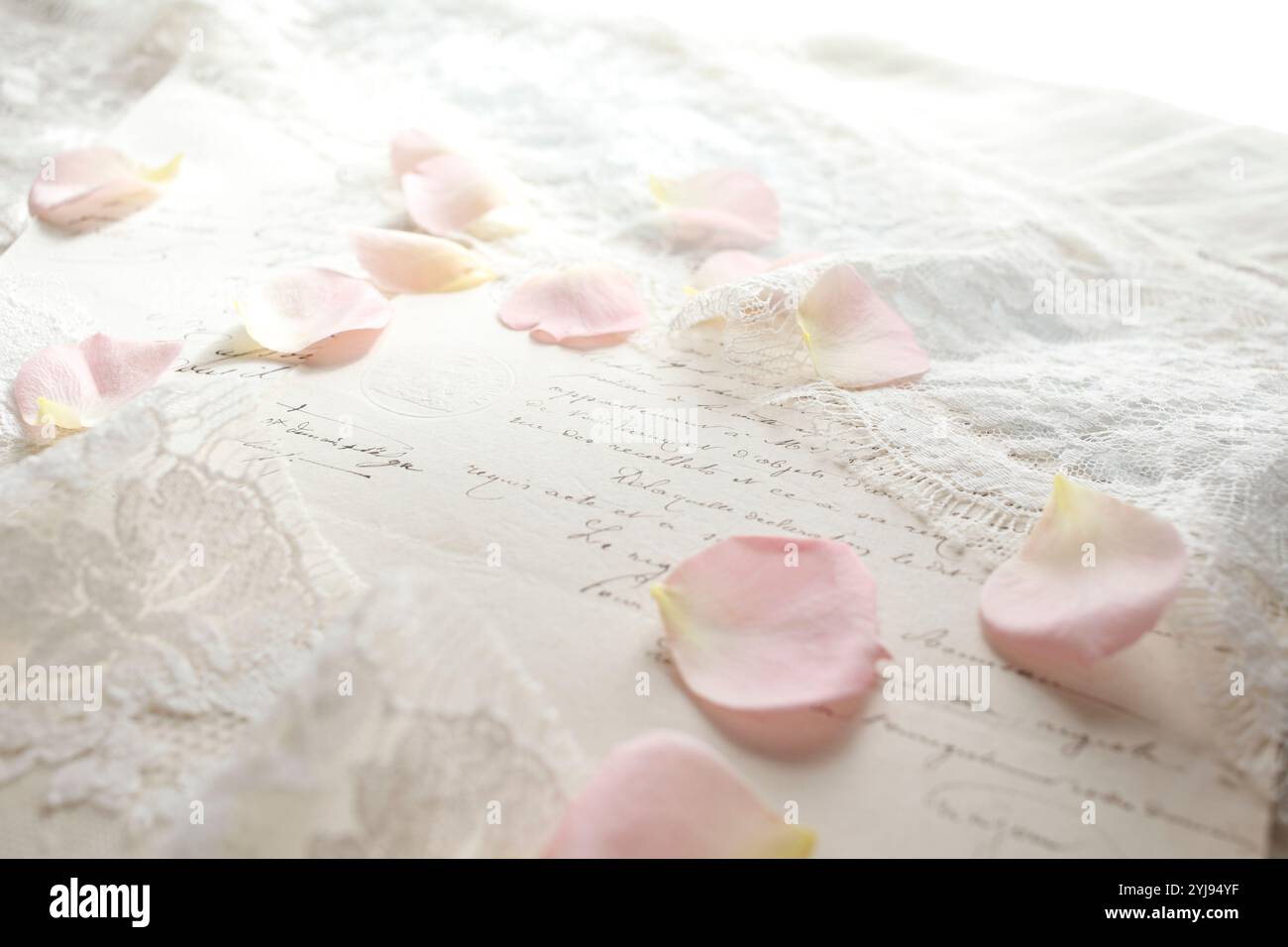 Pétales de rose éparpillés sur une vieille lettre Banque D'Images