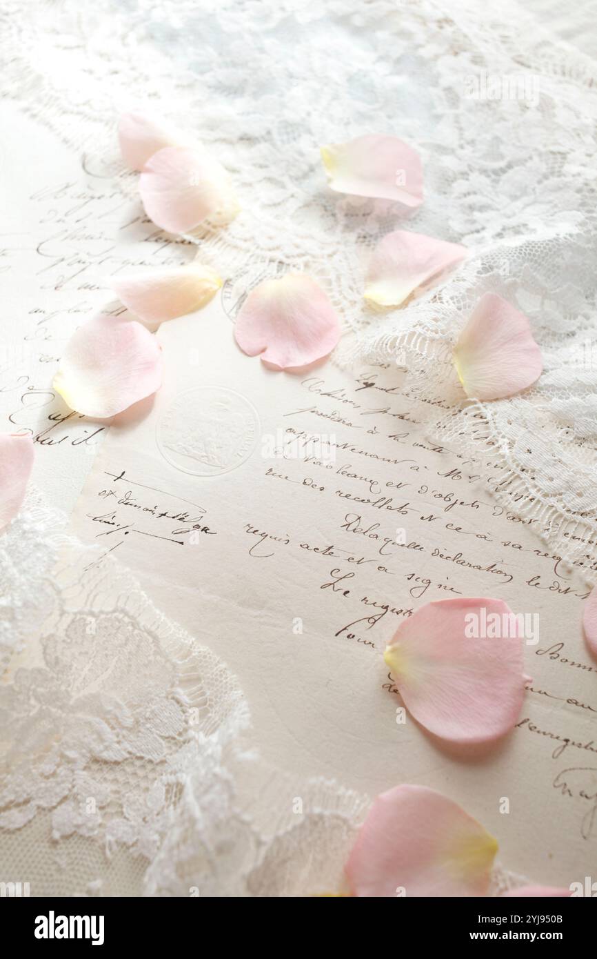 Pétales de rose éparpillés sur une vieille lettre Banque D'Images