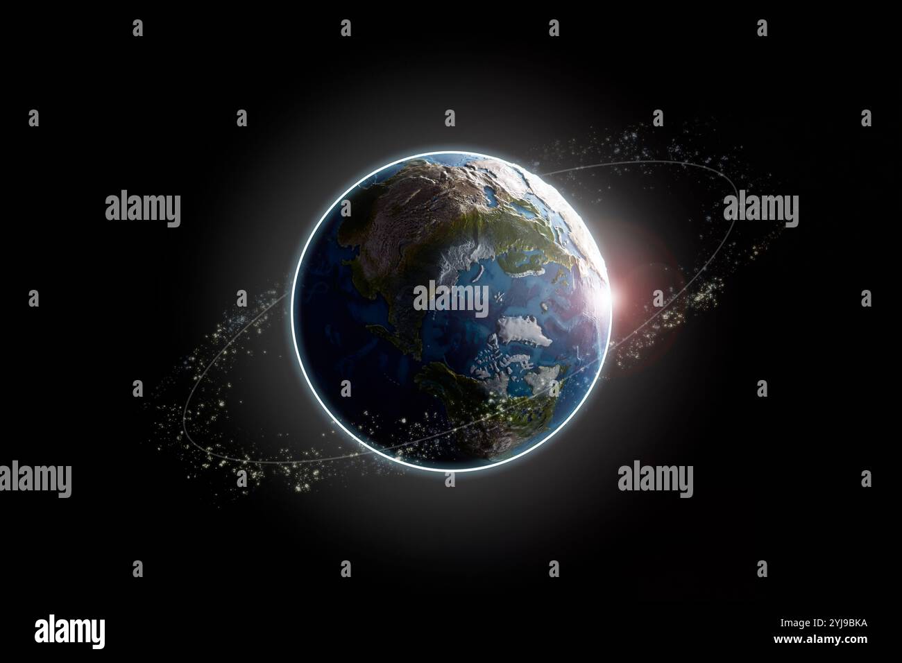 Terre, lumière et cercle de lumière flottant dans l'espace sombre Banque D'Images