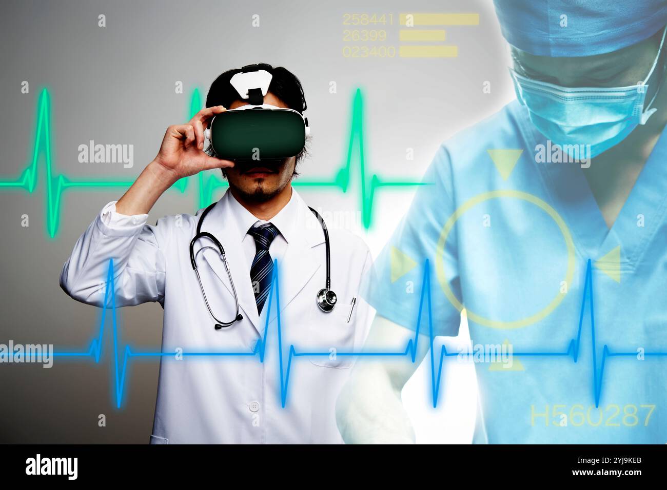 Médecin masculin portant des lunettes VR et ECG vert et bleu Banque D'Images