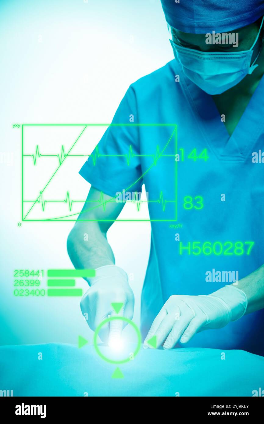 Médecin masculin pratiquant la chirurgie et les données marquées en CG Banque D'Images