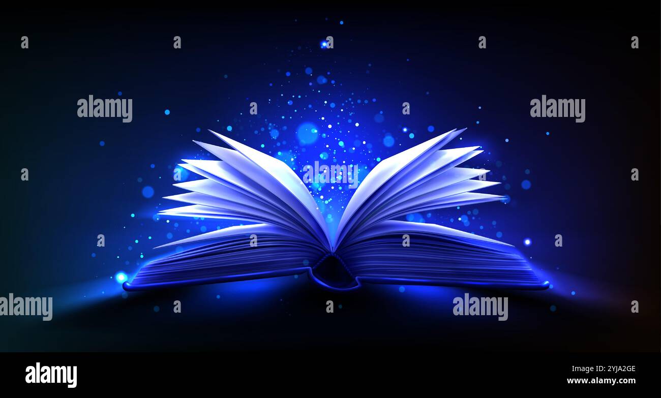 Ouvrez le livre magique avec le vecteur de lumière bleue fantastique. Côté manuel de conte de fées mystère avec sortilège de sorcier. étincelle de poussière de sorcellerie 3d sur la page. Objet d'étude de mythe réaliste la nuit. Littérature de conte de fées Illustration de Vecteur