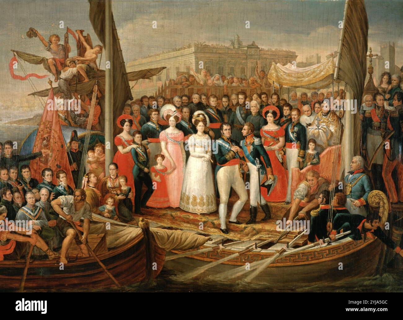 José Aparicio / 'L'arraisonnement de Ferdinand VII à Puerto Santa Maria au 1er octobre 1823', 1838, huile sur toile, 110,5 x 142,7 cm. Musée : MUSEO ROMANTICO, MADRID, ESPAGNE. FERDINAND VII D'ESPAGNE. LUIS ANTONIO DE FRANCIA. Marie Josépha Amélie de Saxe. Banque D'Images