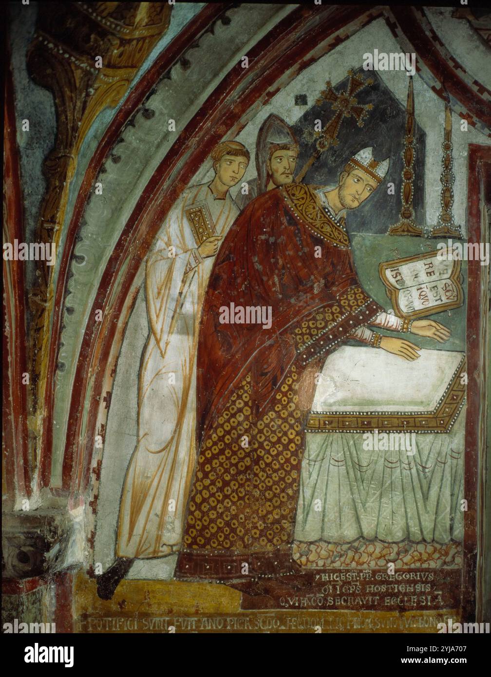 Le Pape Grégoire IX (1170-1241) consacre Subiaco Fresque Chapelle 13e siècle. Saint Benoît Sacro Speco Subiaco. Musée : Monasterio de Sant Pere de Rodes. Banque D'Images