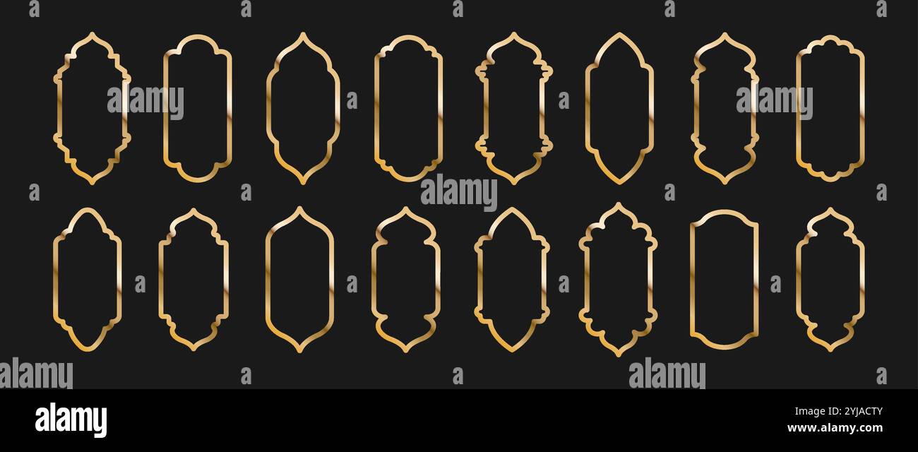 Ensemble de fenêtres islamiques de forme. Cadres musulmans dorés isolés sur fond sombre. Collection d'arches dans le style oriental. Illustration vectorielle plate Illustration de Vecteur