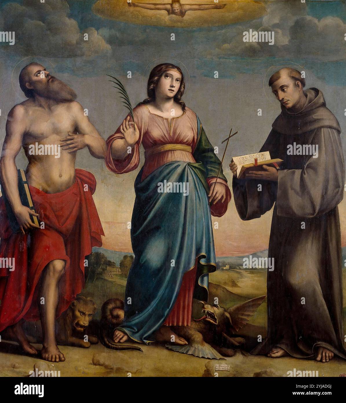 Giacomo Francia ; Giulio Francia / 'Saint Jérôme, Sainte Marguerite et Saint François', 1518, École italienne, panneau, 156 cm x 145 cm, P00143. MUSÉE : MUSEO DEL PRADO, MADRID, ESPAGNE. SAINT JÉRÔME. SAN FRANCISCO DE ASIS. SANTA MARGARITA. Banque D'Images