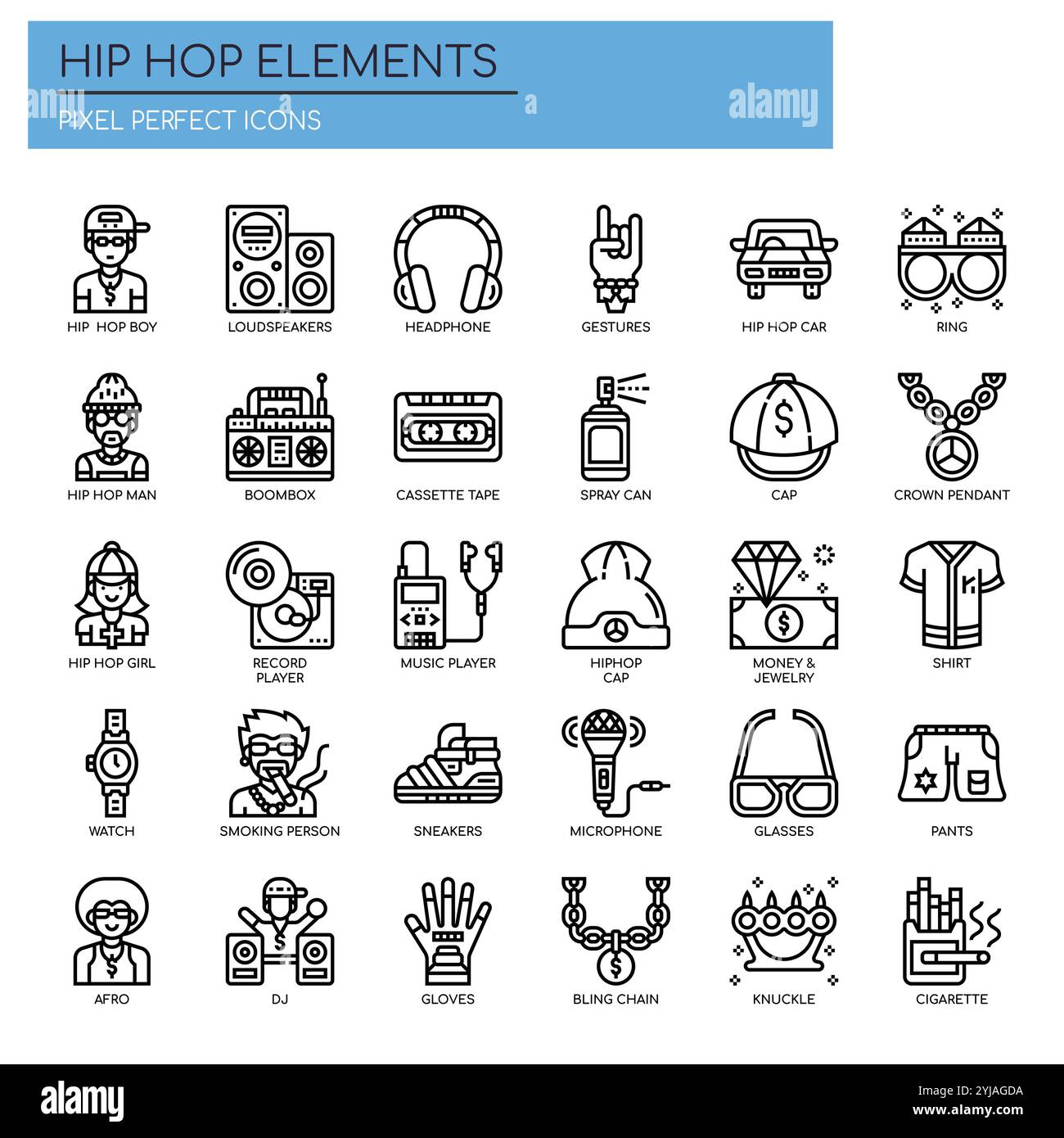 Hip Hop Elements , Thin Line et Pixel Perfect Icons Illustration de Vecteur