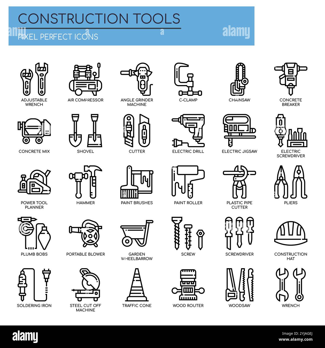 Outils de construction , lignes fines et icônes Pixel Perfect Illustration de Vecteur