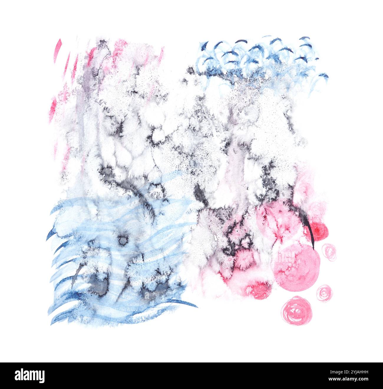 Art aquarelle abstrait avec des vagues texturées et des motifs de bulles roses dans un style minimaliste tendance. Banque D'Images
