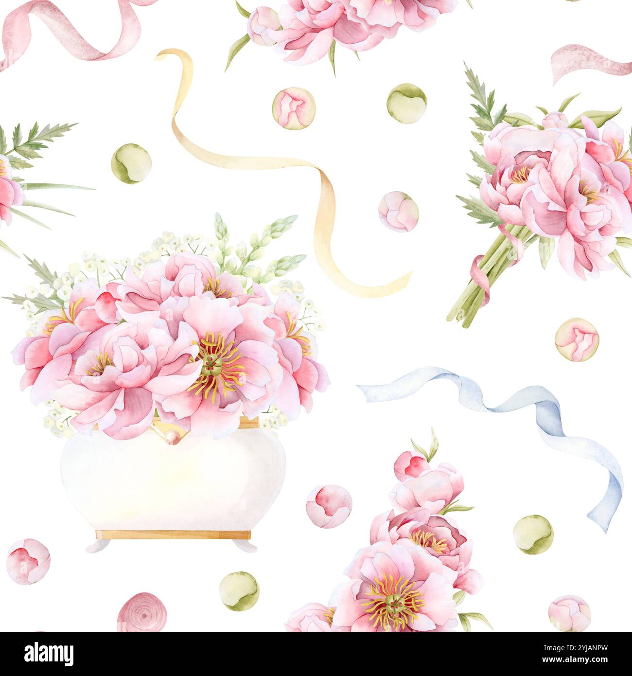 Motif sans couture floral aquarelle de fête des mères avec des fleurs de pivoine rose pastel et des bourgeons sur blanc. Roses de jardin romantiques Banque D'Images