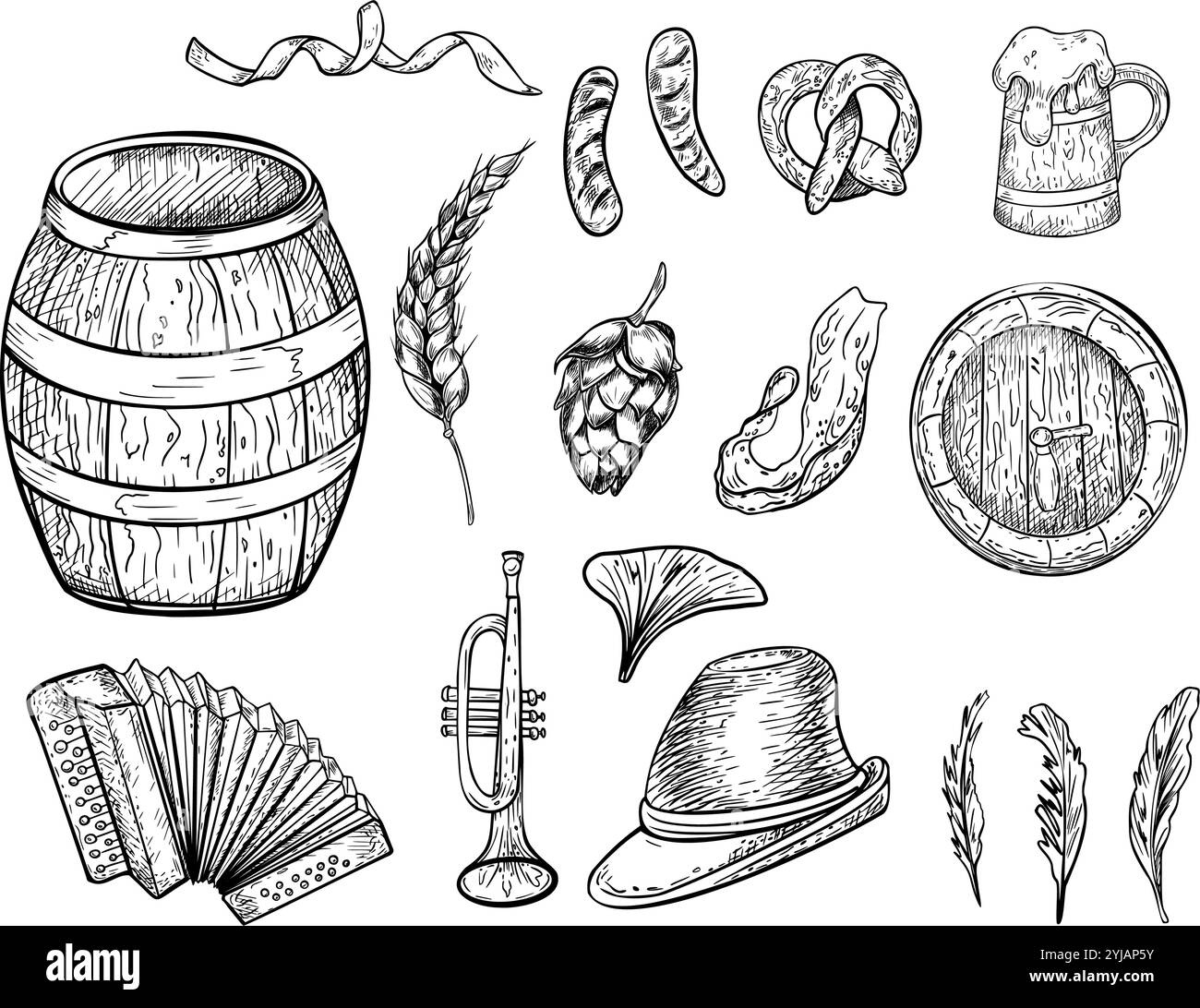 Oktoberfest ensemble de tonneau en bois, chapeau allemand, bretzel, trompette noir blanc illustration vectorielle graphique isolé. Tankard, bière éclaboussée, cônes de houblon et Illustration de Vecteur