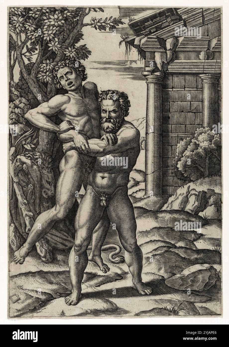 Hercule tenant Antaeus par la taille et le soulevant des pieds, gravure de Marcantonio Raimondi d'après Raphaël (Raffaello Sanzio ou Santi), ou Giulio Romano (Giulio Pippi), 1520-1522 Banque D'Images