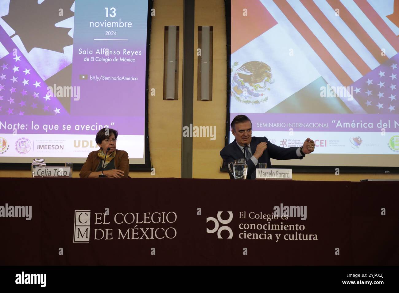 Mexico, Mexique. 13 novembre 2024. Marcelo Ebrard, secrétaire à l’économie, lors de son discours dans le cadre du Séminaire international « L’Amérique du Nord : ce qui nous attend », où il a parlé de l’avenir de l’Accord de libre-échange nord-américain (ALENA) avec le président américain Donald Trump. Le 13 novembre 2024 à Mexico, Mexique. (Photo de Ian Robles/ crédit : Eyepix Group/Alamy Live News Banque D'Images