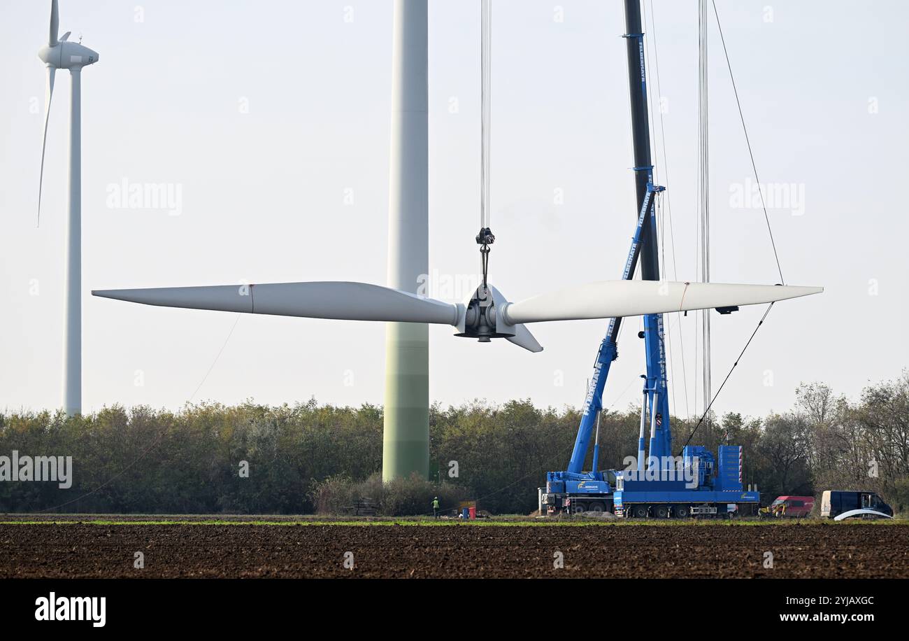 IMAGE THÉMATIQUE - projet 'capturer l'avenir' : illustration sur les thèmes du parc éolien/énergie/électricité/éoliennes/énergie éolienne/énergie éolienne. Le plus grand parc éolien d'Autriche est en construction dans le Burgenland. Le projet éolien produira environ 122 mégawatts à partir de 23 éoliennes de dernière génération. Les plus grandes éoliennes de ce parc éolien atteindront une hauteur de 244 mètres jusqu’à la pointe de la pale. L'envergure d'une pale de rotor mesure 70-75 mètres et pèse environ 25 tonnes, ce qui signifie qu'à une hauteur de 244 mètres, elle pèse environ 75 tonnes. Démantèlement d'une vieille éolienne Banque D'Images