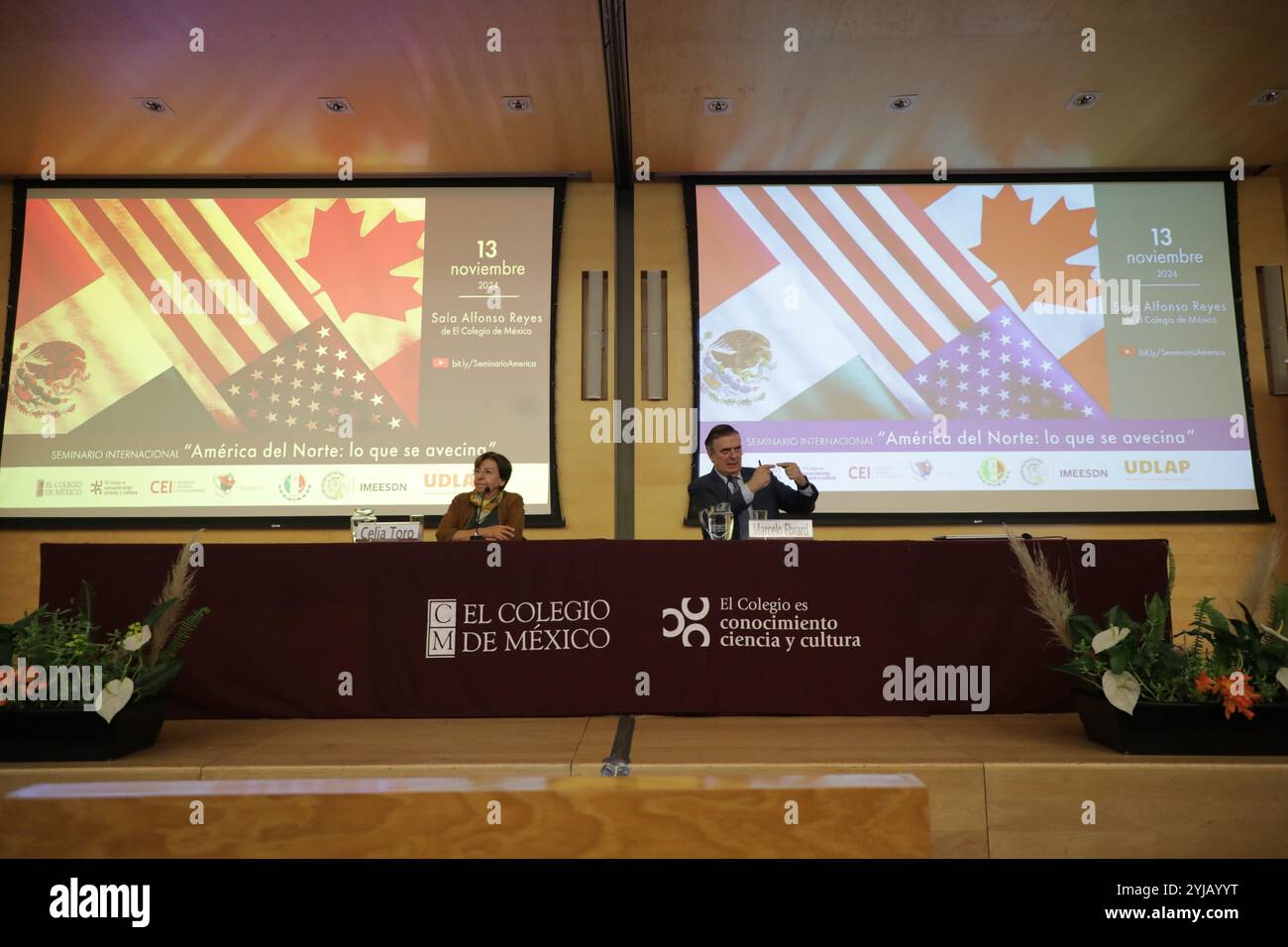 Mexico, Mexique. 13 novembre 2024. Marcelo Ebrard, secrétaire à l’économie, lors de son discours dans le cadre du Séminaire international « L’Amérique du Nord : ce qui nous attend », où il a parlé de l’avenir de l’Accord de libre-échange nord-américain (ALENA) avec le président américain Donald Trump. Le 13 novembre 2024 à Mexico, Mexique. (Photo de Ian Robles/Eyepix Group/SIPA USA) crédit : SIPA USA/Alamy Live News Banque D'Images