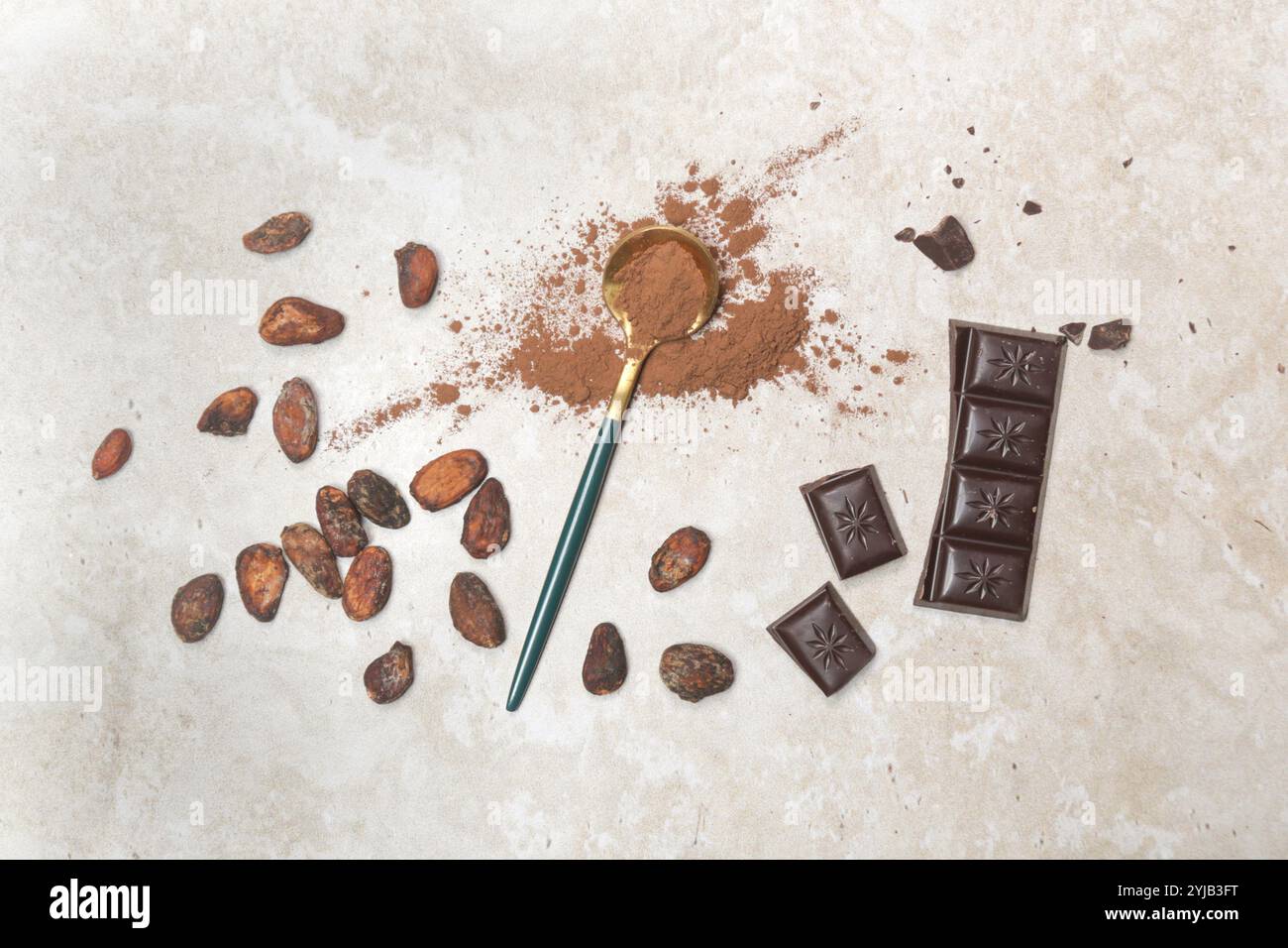 Cacao dans différentes présentations, haricots, poudre et barre de chocolat Banque D'Images