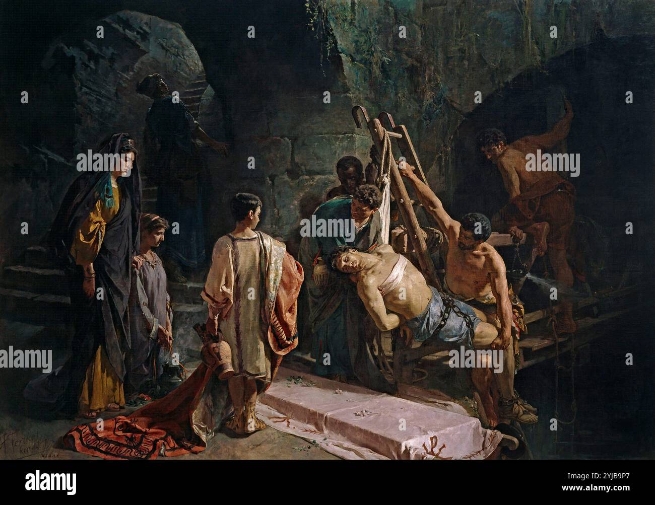 Alejandro Ferrant y Fischermans / 'L'enterrement de Saint Sébastien (Saint Sébastien dans la Cloaca Maxima)', 1877, École espagnole, huile sur toile, 305 cm x 430 cm, P07032. MUSÉE : MUSEO DEL PRADO, MADRID, ESPAGNE. Banque D'Images