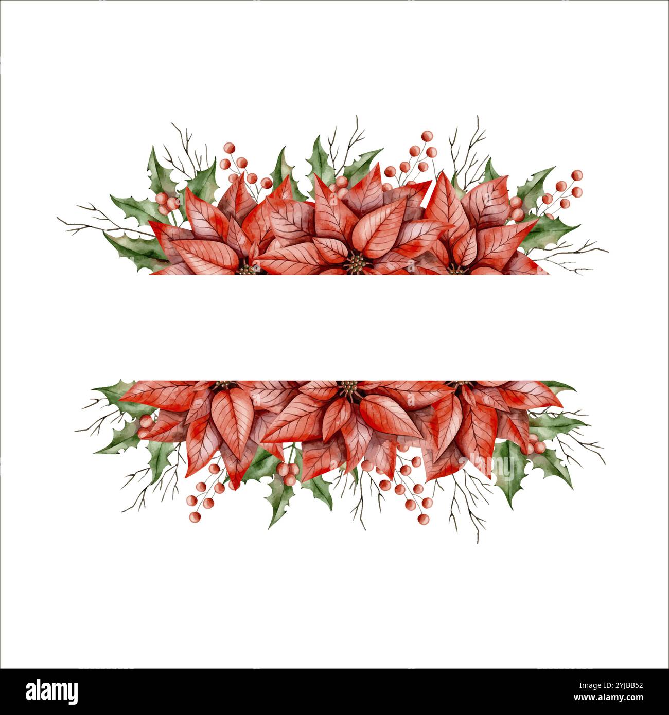 Nouvel an Noël illustration d'aquarelle dessinée à la main avec poinsettia, branche de houx, branche d'arbre sans feuilles et branche avec des baies Illustration de Vecteur