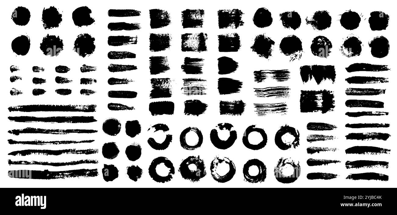 Coup de pinceau grunge. Lignes de pinceau à encre noire sale pour la conception de logo, éclaboussures de peinture et bannière de pulvérisation, éléments d'art de pinceau grungy. Ensemble de vecteurs Illustration de Vecteur
