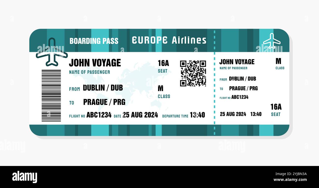 Billet pour Prague, République tchèque. Modèle de carte d'embarquement avec données génériques. Illustration vectorielle de billet d'avion de voyage avec code QR. Illustration de Vecteur
