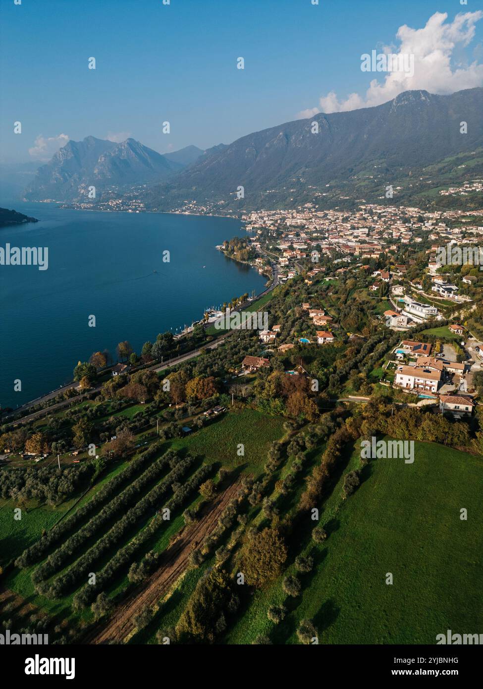 Vue aérienne d'une ville au bord du lac avec des champs cultivés et des oliveraies, nichée entre des collines verdoyantes et un lac bleu clair, avec des montagnes lointaines Banque D'Images