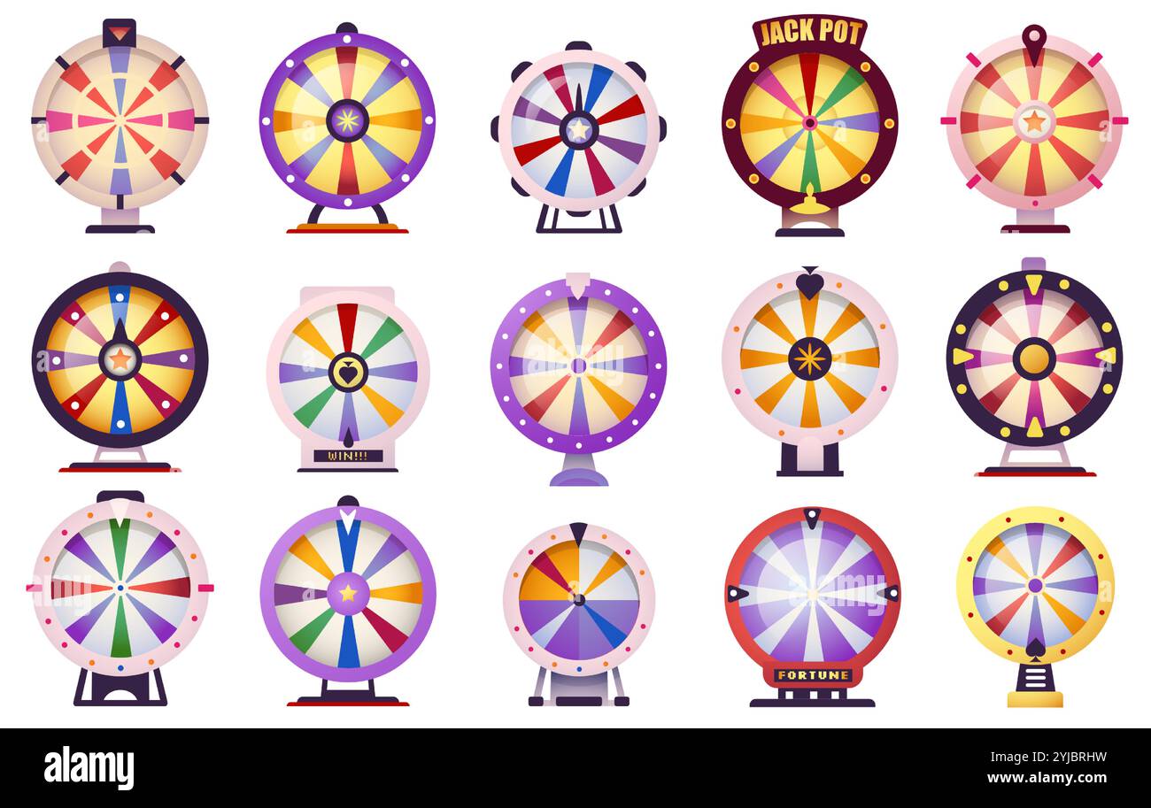 Roue de Casino. Icônes de flèche de tour de jeu rond, cercle de roulette et plateau tournant différentes tailles, cercle avec des segments style plat. Vecteur Illustration de Vecteur