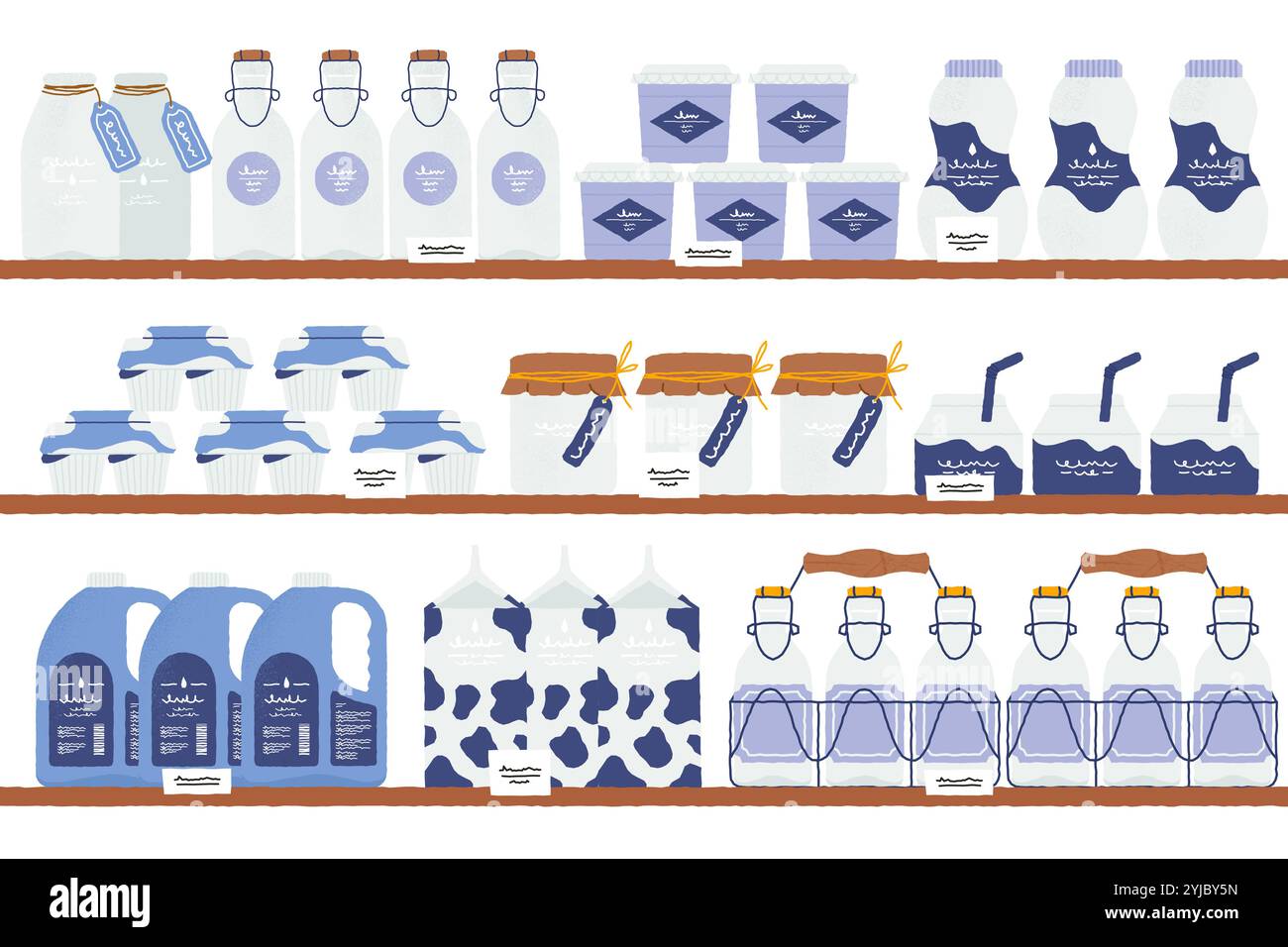 Produits laitiers sur les étagères. Intérieur de supermarché avec lait, beurre, fromage et yaourt sur les étagères du magasin. Emballage vectoriel de produits laitiers dans l'illustration en ligne Illustration de Vecteur